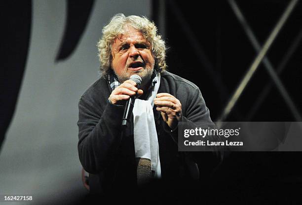 Beppe Grillo, leader of the Movimento 5 Stelle, Five Star Movement speaks at Piazza del Popolo during his last political rally before the national...