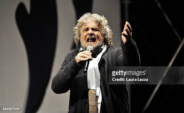 Beppe Grillo, leader of the Movimento 5 Stelle, Five Star Movement speaks at Piazza del Popolo during his last political rally before the national...