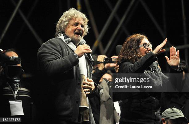 Beppe Grillo, leader of the Movimento 5 Stelle, Five Star Movement speaks at Piazza del Popolo with a translator for the deaf during his last...