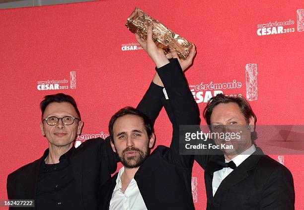 Best awarded cartoonists Vincent Patar, Stéphane Aubier and Benjamin Renner attend the Awards Room - Cesar Film Awards 2013 at the Theatre du...
