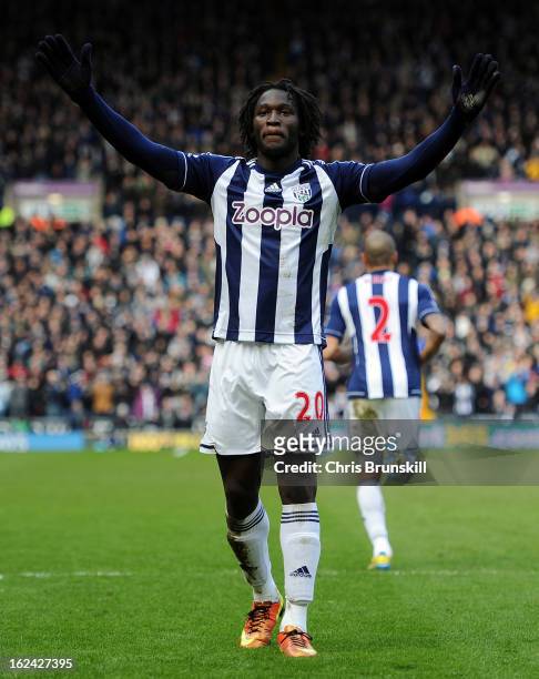 Romelu Lukaku of West Bromwich Albion celebrates scoring the opening goal during the Barclays Premier League match between West Bromwich Albion and...