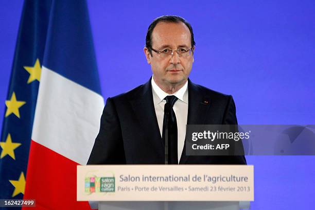 French President Francois Hollande holds a press conference during the 50th International Agriculture Fair, at the Porte de Versailles exhibition...