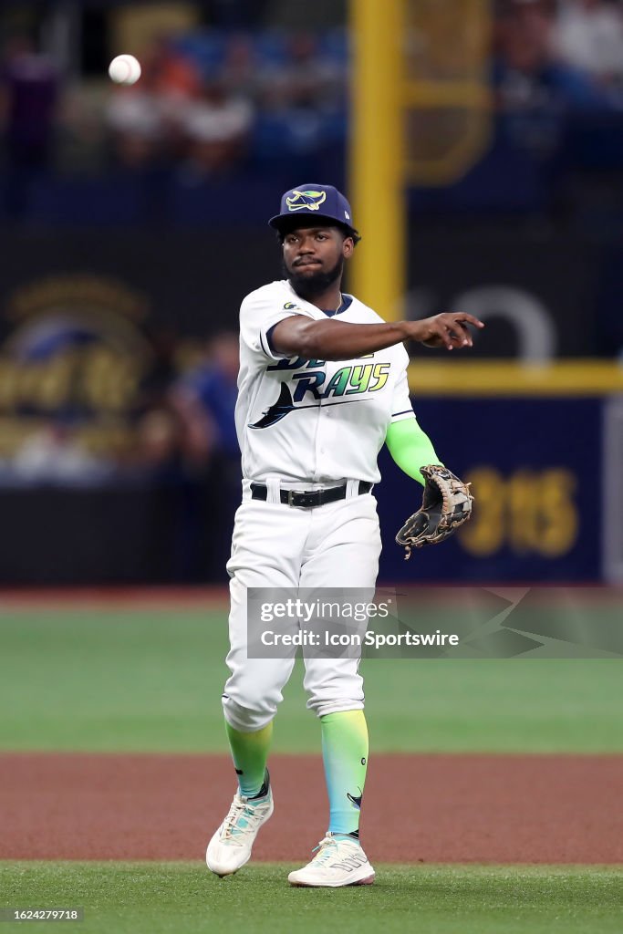 Basabe Rays Tampa Bay Rays Infielder Osleivis Basabe throws the ball over to ...