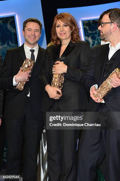 Guillaume de Tonquedec, Valerie Benguigui and Cyril Mennegun attend the Cesar Film Awards 2013 at Theatre du Chatelet on February 22, 2013 in Paris,...