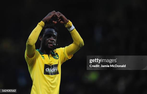 Kei Kamara of Norwich City celebrates victory during the Barclays Premier League match between Norwich City and Everton at Carrow Road on February...