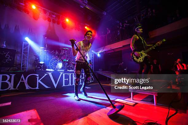 Andy Biersack and Ashley Purdy of Black Veil Brides performs in concert at The Crofoot on February 22, 2013 in Pontiac, Michigan.