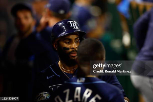 Yandy Diaz of the Tampa Bay Rays after scoring a run against the Los Angeles Angels in the seventh inning at Angel Stadium of Anaheim on August 18,...