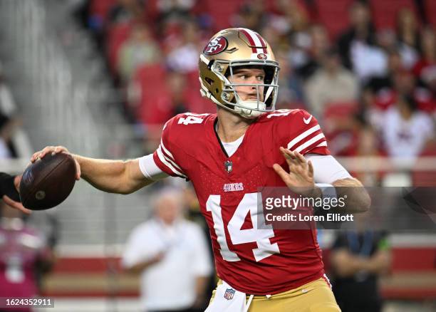 Sam Darnold of the San Francisco 49ers passes during the first half of a preseason game against the Los Angeles Chargers at Levi's Stadium on August...