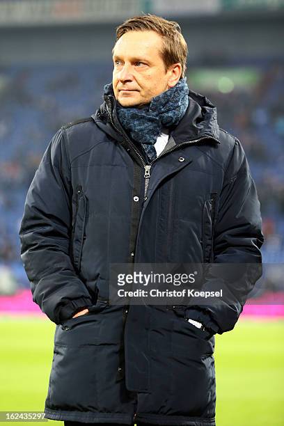 Manager Horst Heldt of Schalke looks on prior to the Bundesliga match between FC Schalke 04 and Fortuna Duesseldorf at Veltins-Arena on February 23,...