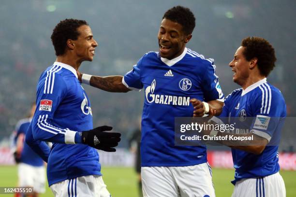 Joel Matip celebrates the first goal with Michel Bastos and Jermaine Jones during the Bundesliga match between FC Schalke 04 and Fortuna Duesseldorf...