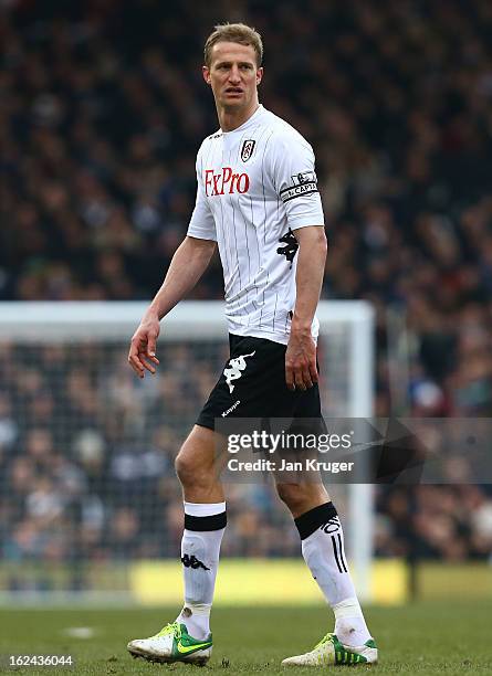 Brede Hangeland of Fulham in action during the Barclays Premier League match between Fulham and Stoke City at Craven Cottage on February 23, 2013 in...