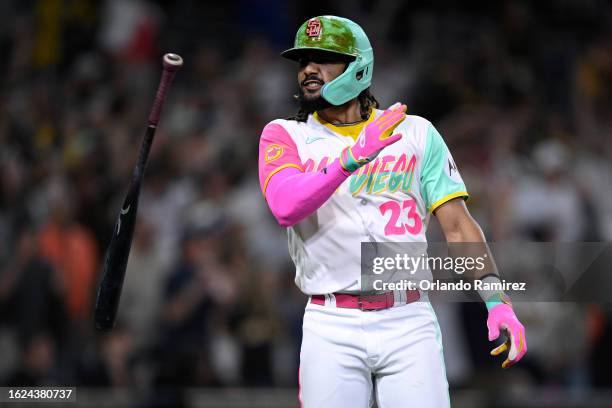 Fernando Tatis Jr. #23 of the San Diego Padres celebrates after hitting a two-run home run against the Arizona Diamondbacks during the eighth inning...