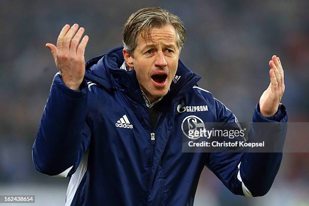 Head coach Jens Keller of Schalke shouts during the Bundesliga match between FC Schalke 04 and Fortuna Duesseldorf at Veltins-Arena on February 23,...