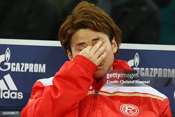 Genki Omae of Duesseldorf looks on prior to the Bundesliga match between FC Schalke 04 and Fortuna Duesseldorf at Veltins-Arena on February 23, 2013...