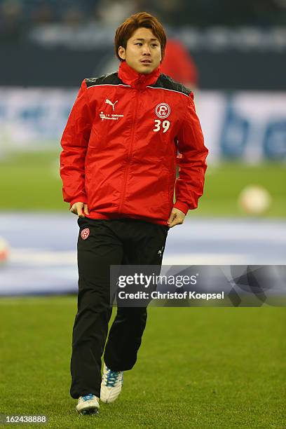 Genki Omae of Duesseldorf looks on prior to the Bundesliga match between FC Schalke 04 and Fortuna Duesseldorf at Veltins-Arena on February 23, 2013...