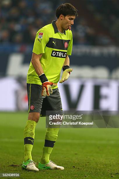 Fabian Giefer of Duesseldorf looks thoughtful during the Bundesliga match between FC Schalke 04 and Fortuna Duesseldorf at Veltins-Arena on February...