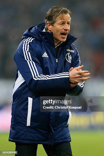Head coach Jens Keller of Schalke shouts during the Bundesliga match between FC Schalke 04 and Fortuna Duesseldorf at Veltins-Arena on February 23,...