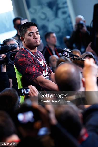 Manti Te'o of Notre Dame speaks to the media during the 2013 NFL Combine at Lucas Oil Stadium on February 23, 2013 in Indianapolis, Indiana.