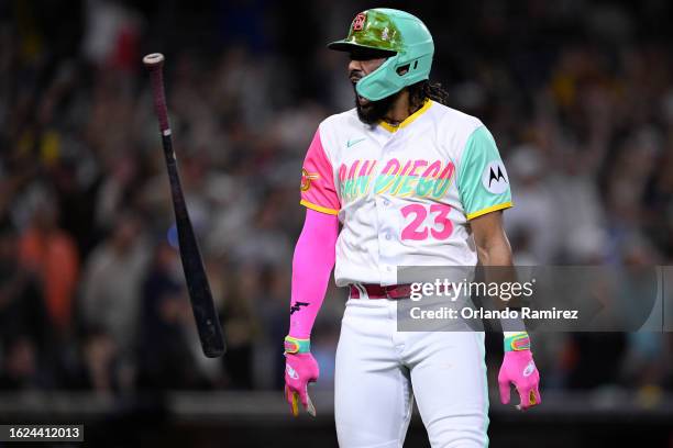 Fernando Tatis Jr. #23 of the San Diego Padres celebrates after hitting a two-run home run against the Arizona Diamondbacks during the eighth inning...