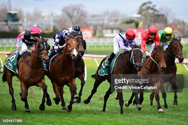 Daniel Moor riding Savannah Cloud defeats Harry Coffey riding Umgawa in Race 6, the Evergreen Turf Regal Roller Stakes, during Melbourne Racing at...