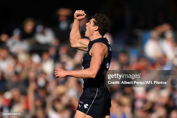 Charlie Curnow of the Blues celebrates kicking a goal during the round 23 AFL match between Gold Coast Suns and Carlton Blues at Heritage Bank...