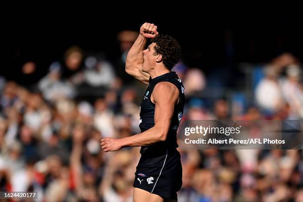 Charlie Curnow of the Blues celebrates kicking a goal during the round 23 AFL match between Gold Coast Suns and Carlton Blues at Heritage Bank...