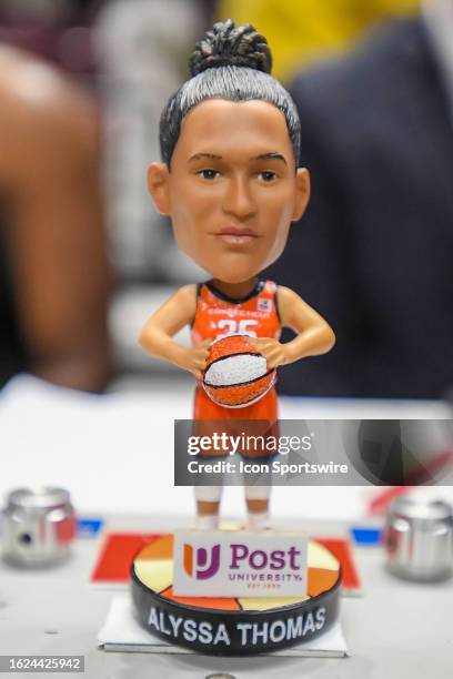 Detail view of a Connecticut Sun forward Alyssa Thomas bobblehead given to fans during a WNBA game between the New York Liberty and the Connecticut...