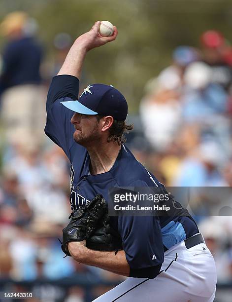 Jeff Niemann of the Tampa Bay Rays pitches during the Spring Training game against Pittsburgh Pirates on February 23, 2013 in Port Charlotte,...