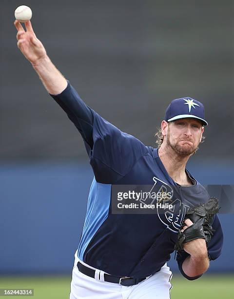 Jeff Niemann of the Tampa Bay Rays pitches during the Spring Training game against Pittsburgh Pirates on February 23, 2013 in Port Charlotte,...