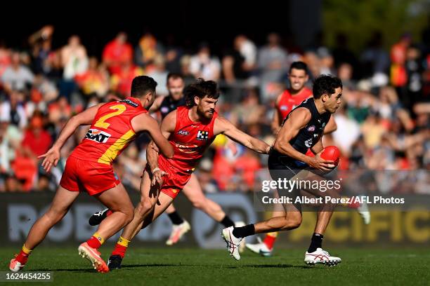 Jack Martin of the Blues in action during the round 23 AFL match between Gold Coast Suns and Carlton Blues at Heritage Bank Stadium, on August 19 in...