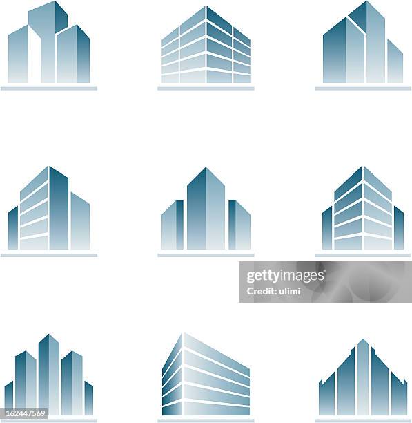 ilustraciones, imágenes clip art, dibujos animados e iconos de stock de conjunto de iconos de edificio azul - bloque de oficinas