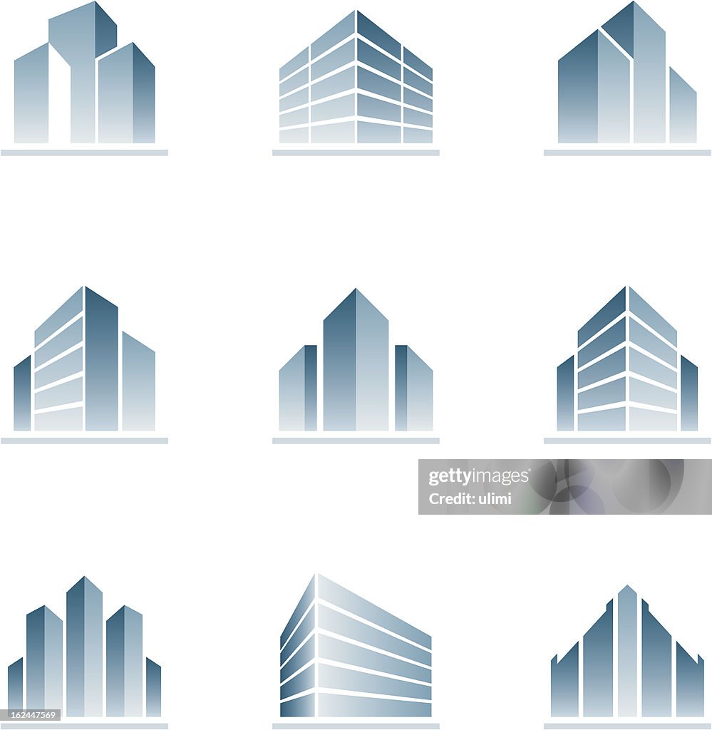 Set of blue building icons
