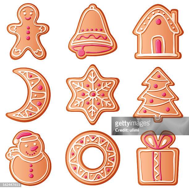different shaped christmas cookies - gingerbread house cartoon stock illustrations