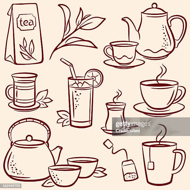 stockillustraties, clipart, cartoons en iconen met set of drawn tea-related illustrations over beige background - theepot