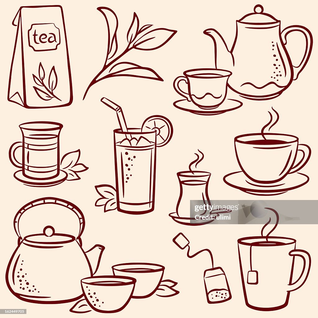 Set of drawn tea-related illustrations over beige background