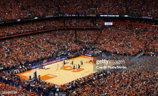 General view of the Carrier Dome at the opening tip during the game between the Syracuse Orange and the Georgetown Hoyas on February 23, 2013 in...