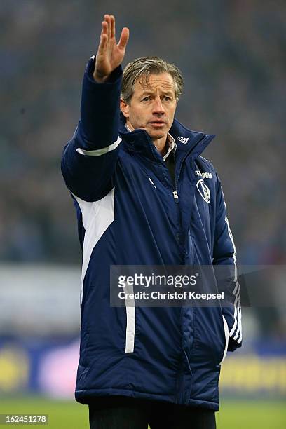 Head coach Jens Keller of Schalke issues instructions during the Bundesliga match between FC Schalke 04 and Fortuna Duesseldorf at Veltins-Arena on...
