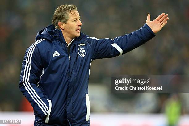 Head coach Jens Keller of Schalke issues instructions during the Bundesliga match between FC Schalke 04 and Fortuna Duesseldorf at Veltins-Arena on...