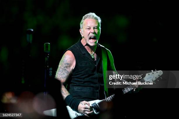 James Hetfield of Metallica performs onstage at the Metallica - M72 World Tour held at SoFi Stadium on August 25, 2023 in Los Angeles, California