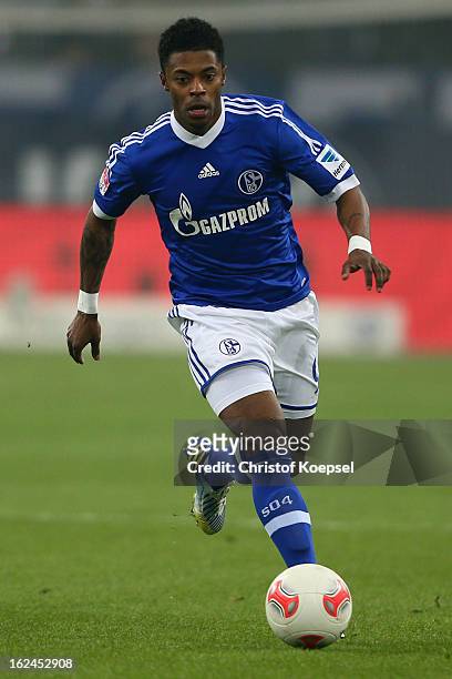 Michel Bastos of Schalke runs with the ball during the Bundesliga match between FC Schalke 04 and Fortuna Duesseldorf at Veltins-Arena on February...
