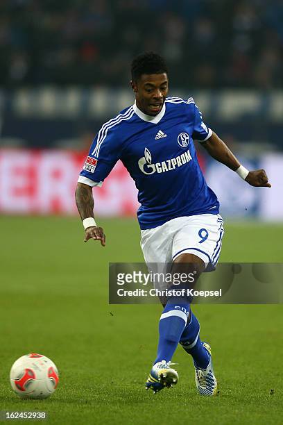 Michel Bastos of Schalke runs with the ball during the Bundesliga match between FC Schalke 04 and Fortuna Duesseldorf at Veltins-Arena on February...