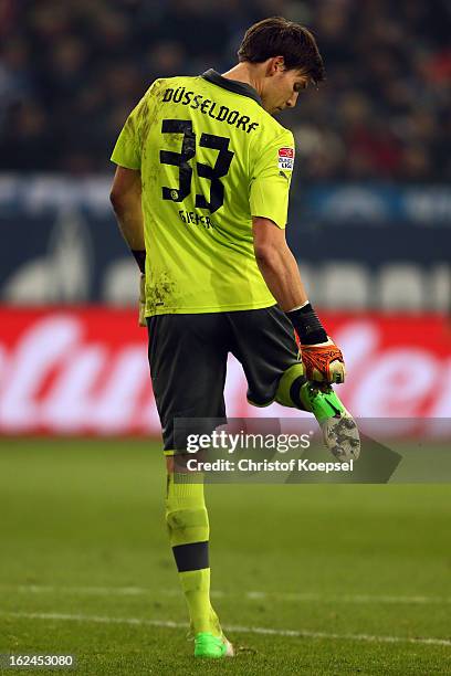 Fabian Giefer of Duesseldorf is seen during the Bundesliga match between FC Schalke 04 and Fortuna Duesseldorf at Veltins-Arena on February 23, 2013...