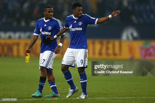 Jefferson Farfan and Michel Bastos of Schalke are seen after the Bundesliga match between FC Schalke 04 and Fortuna Duesseldorf at Veltins-Arena on...