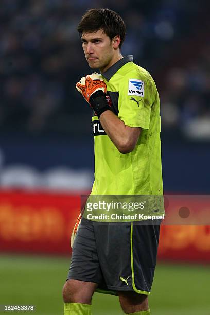 Fabian Giefer of Duesseldorf looks dejected after the Bundesliga match between FC Schalke 04 and Fortuna Duesseldorf at Veltins-Arena on February 23,...