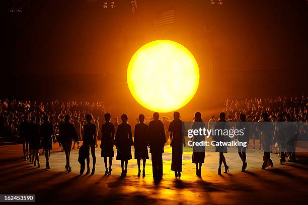 Models walk the runway at the Marc Jacobs Autumn Winter 2013 fashion show during New York Fashion Week on February 14, 2013 in New York, United...