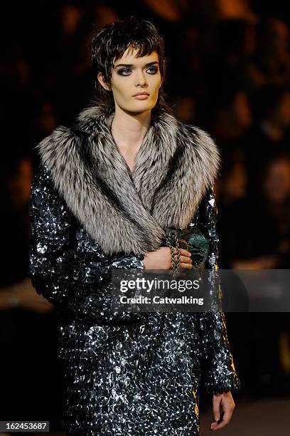 Model walks the runway at the Marc Jacobs Autumn Winter 2013 fashion show during New York Fashion Week on February 14, 2013 in New York, United...