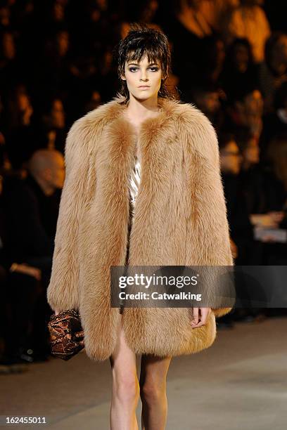 Model walks the runway at the Marc Jacobs Autumn Winter 2013 fashion show during New York Fashion Week on February 14, 2013 in New York, United...