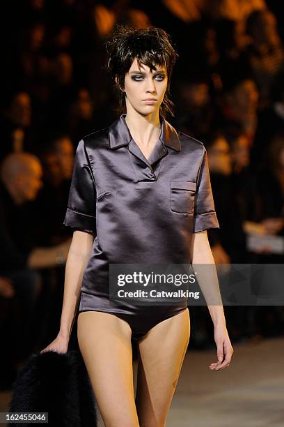 Model walks the runway at the Marc Jacobs Autumn Winter 2013 fashion show during New York Fashion Week on February 14, 2013 in New York, United...