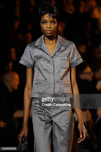 Model walks the runway at the Marc Jacobs Autumn Winter 2013 fashion show during New York Fashion Week on February 14, 2013 in New York, United...