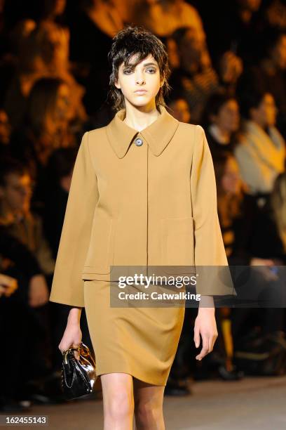 Model walks the runway at the Marc Jacobs Autumn Winter 2013 fashion show during New York Fashion Week on February 14, 2013 in New York, United...